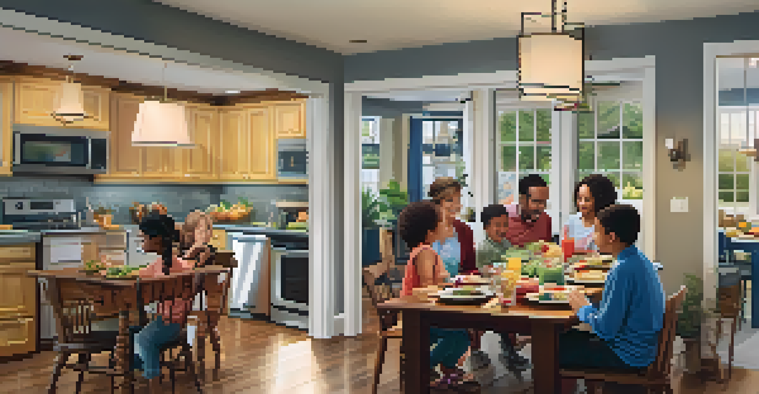 A family interacting in an open concept home, with children at the dining table and parents cooking in the kitchen, creating a warm and inviting atmosphere.