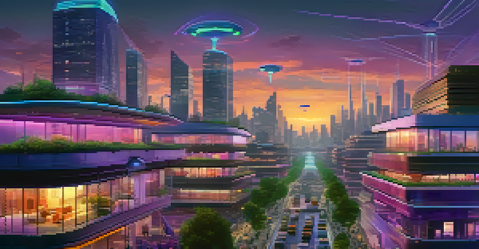 A futuristic city skyline at dusk with smart buildings and illuminated facades.