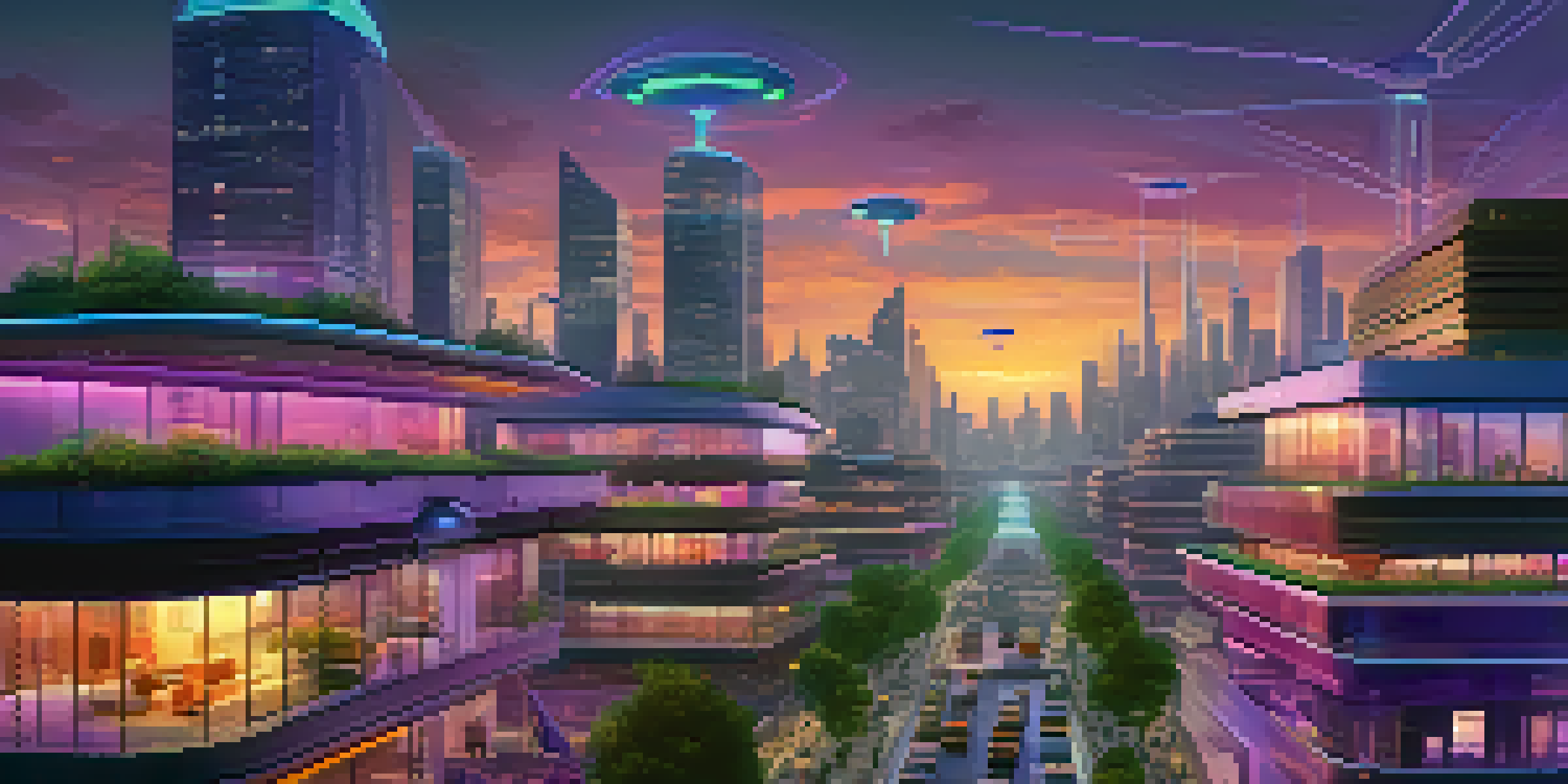 A futuristic city skyline at dusk with smart buildings and illuminated facades.