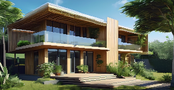 A contemporary building made from bamboo and hempcrete, surrounded by plants and sunlight, highlighting its sustainable features.