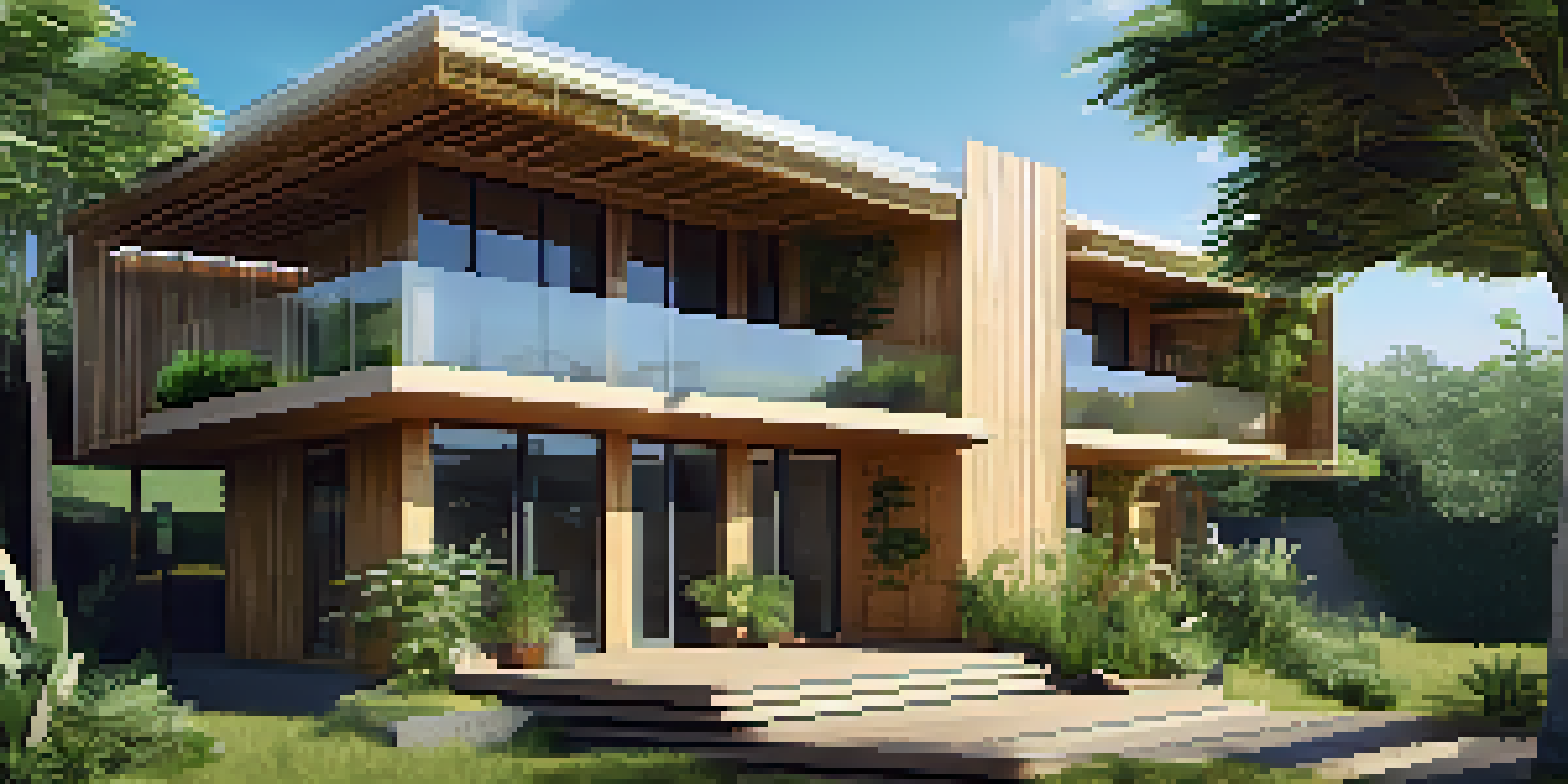 A contemporary building made from bamboo and hempcrete, surrounded by plants and sunlight, highlighting its sustainable features.