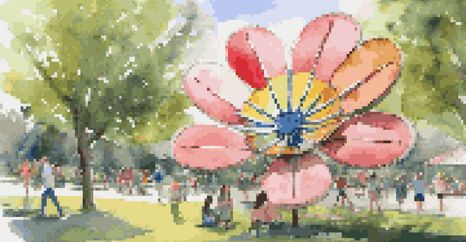 An interactive sculpture resembling a giant flower made of recycled materials, with movable petals, in a sunny park with children and families.
