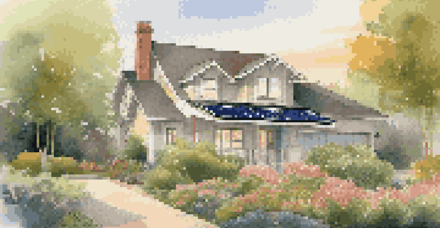 A cozy home with solar panels and a beautiful garden, illuminated by warm golden hour light.