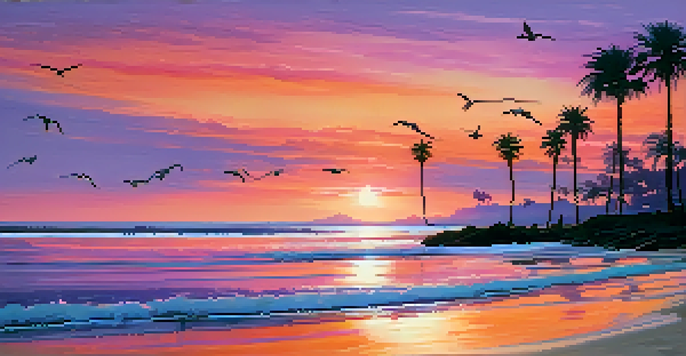 A peaceful beach scene at sunset with colorful sky reflections on the water and palm trees in the foreground.