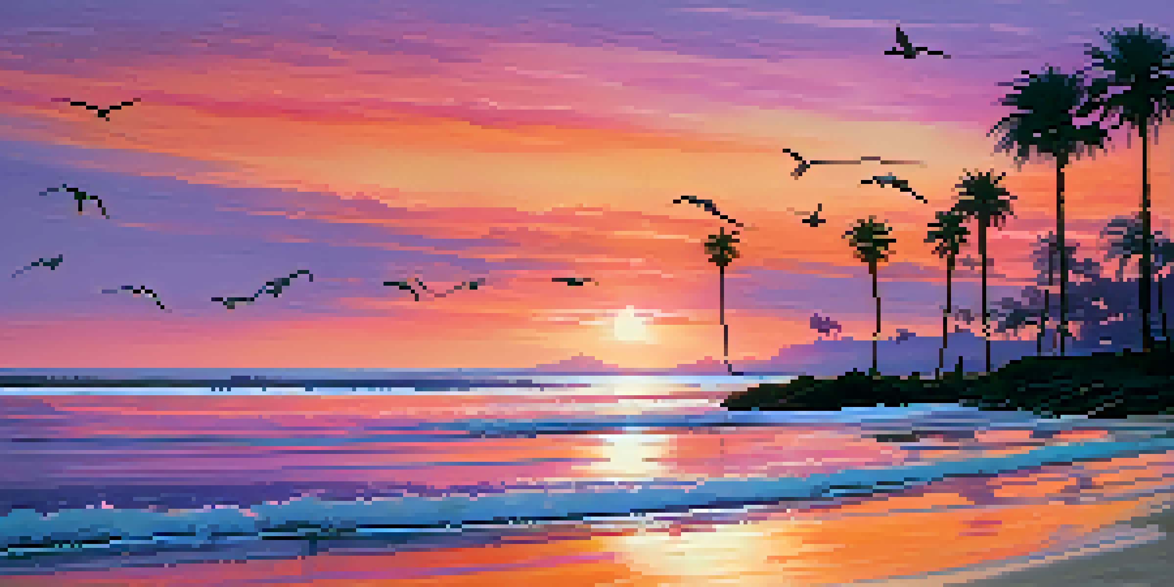 A peaceful beach scene at sunset with colorful sky reflections on the water and palm trees in the foreground.