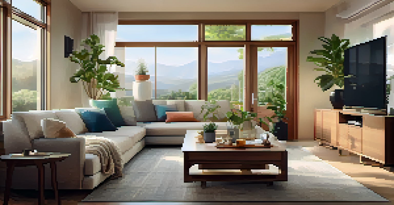 A cozy living room featuring a smartphone controlling a smart lock and a smart assistant device.