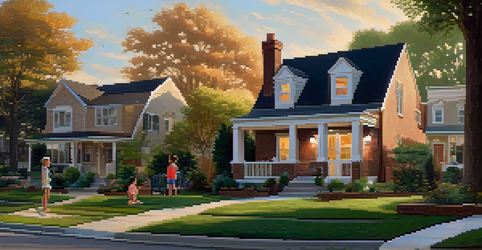 A peaceful suburban neighborhood with houses and kids playing at sunset.