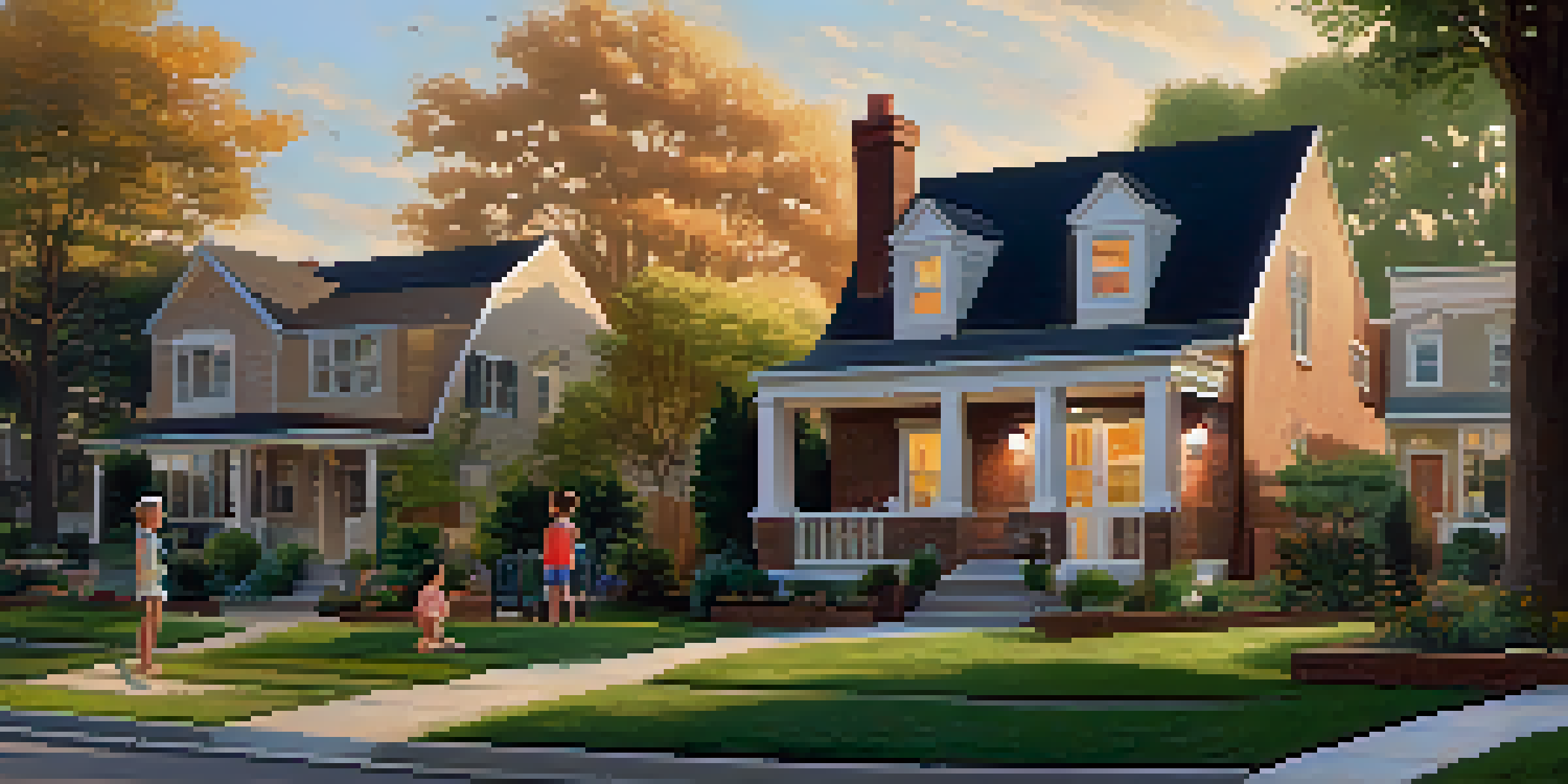 A peaceful suburban neighborhood with houses and kids playing at sunset.