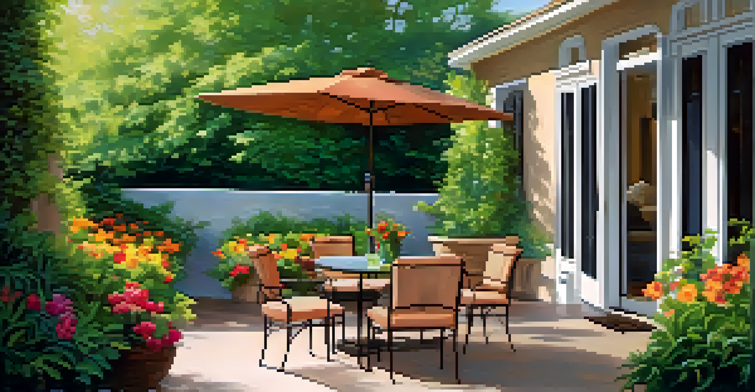 A cozy outdoor patio surrounded by greenery and flowers, featuring comfortable seating and a small table set for two.