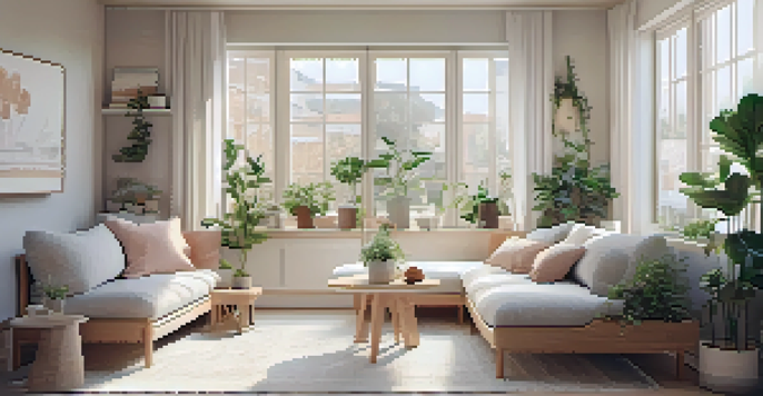 Interior of a small urban home showcasing a multi-functional living area with a foldable table and Murphy bed, illuminated by natural light.