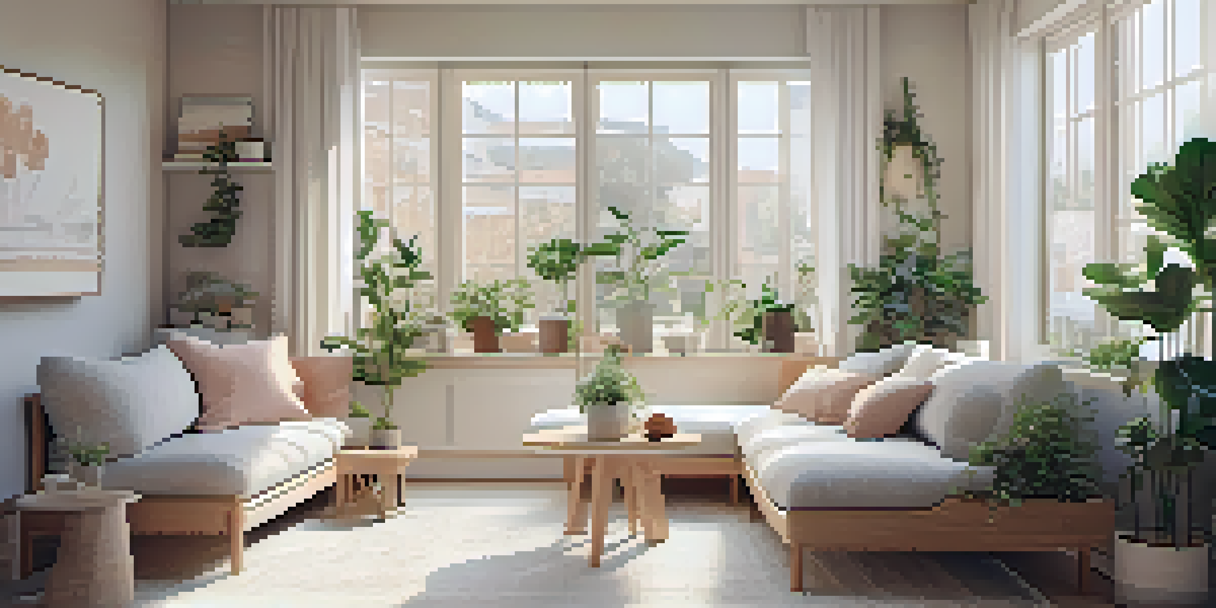 Interior of a small urban home showcasing a multi-functional living area with a foldable table and Murphy bed, illuminated by natural light.