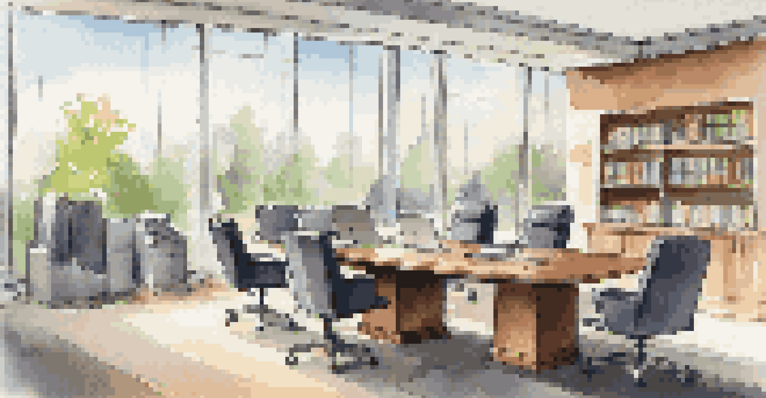 A modern law office interior with a meeting table, legal books, and a laptop showing a property title search, illuminated by natural light from large windows.