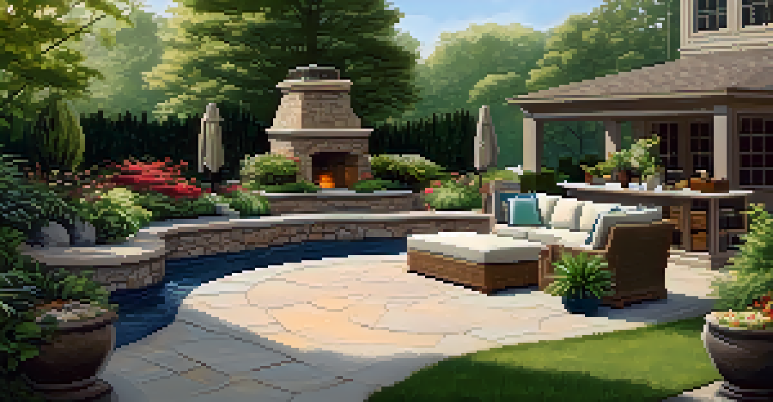 A landscaped backyard with a stone patio, outdoor furniture, potted plants, and a water feature, surrounded by trees.