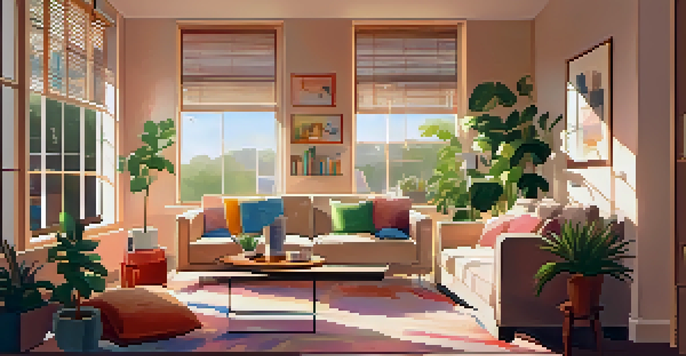 A modern living room with a sofa, colorful cushions, a coffee table with books, and sunlight streaming through a large window.