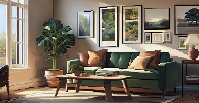 A cozy living room with a sofa, coffee table, and family photos on the wall, illuminated by natural light from large windows.