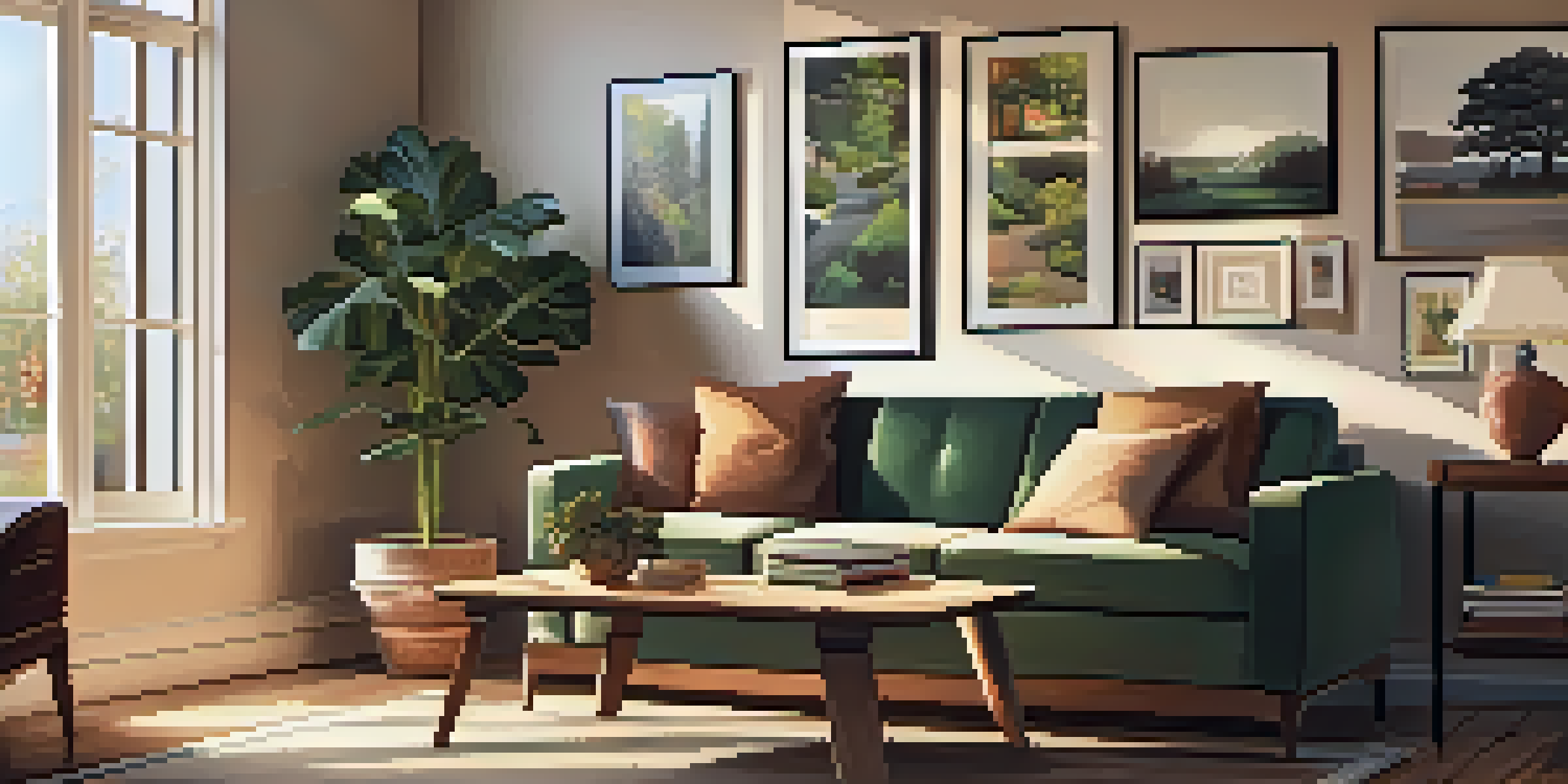 A cozy living room with a sofa, coffee table, and family photos on the wall, illuminated by natural light from large windows.