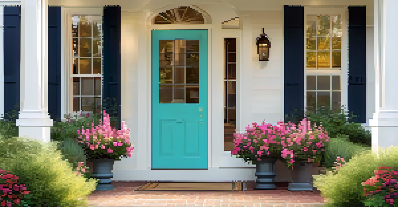 A charming front entrance of a home with a brightly colored door, a beautiful garden, and warm sunlight illuminating the pathway.