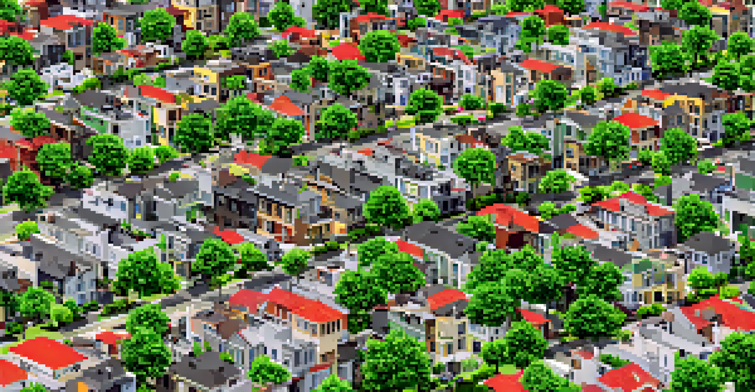 An aerial view of a diverse neighborhood with classic and modern homes under warm sunlight, representing real estate price fluctuations.