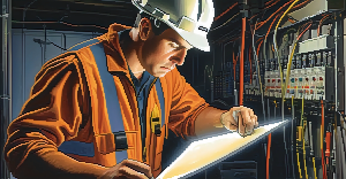A property inspector checking electrical systems in a basement with tools and equipment around, illuminated by bright lights.