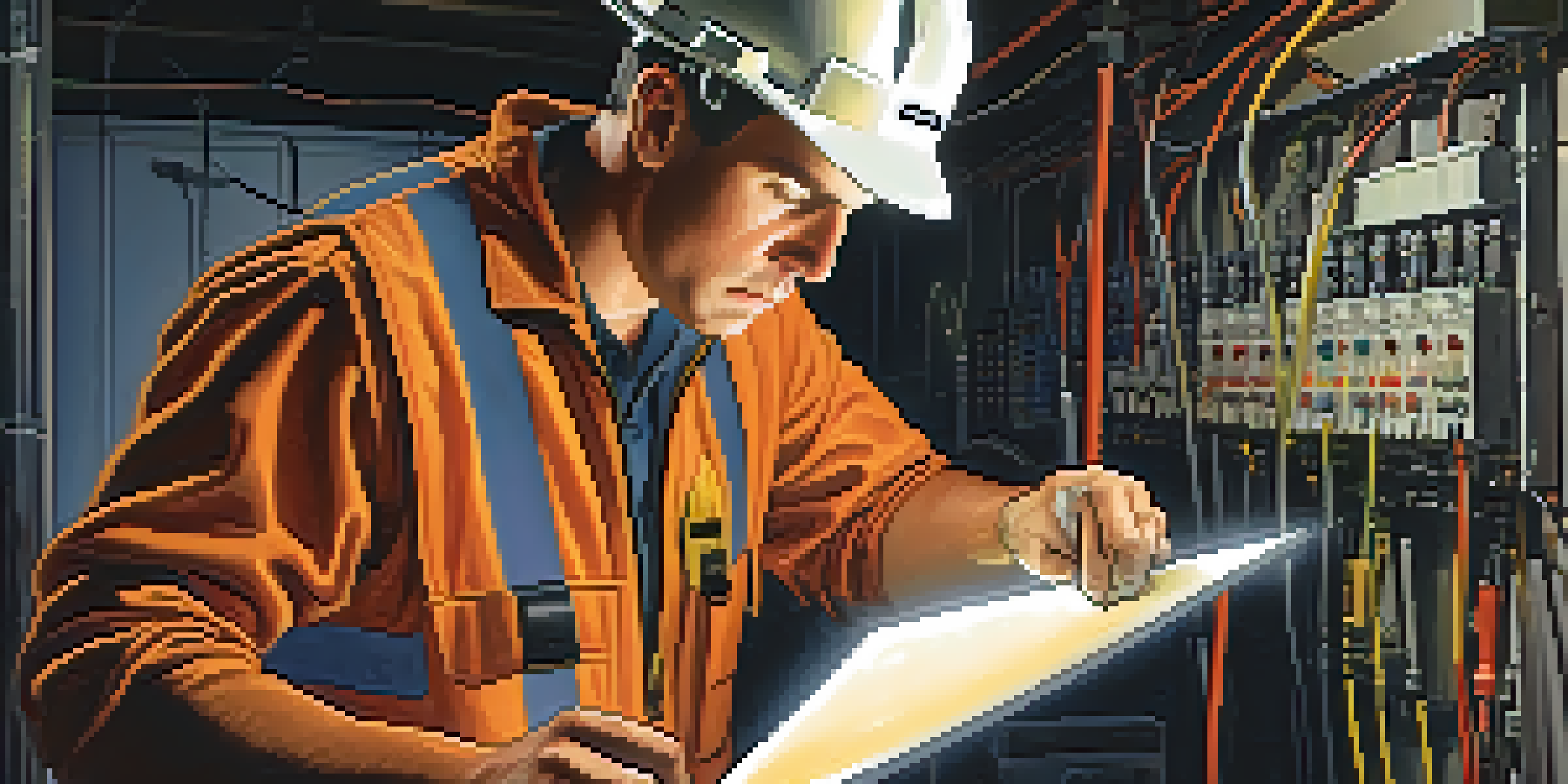 A property inspector checking electrical systems in a basement with tools and equipment around, illuminated by bright lights.