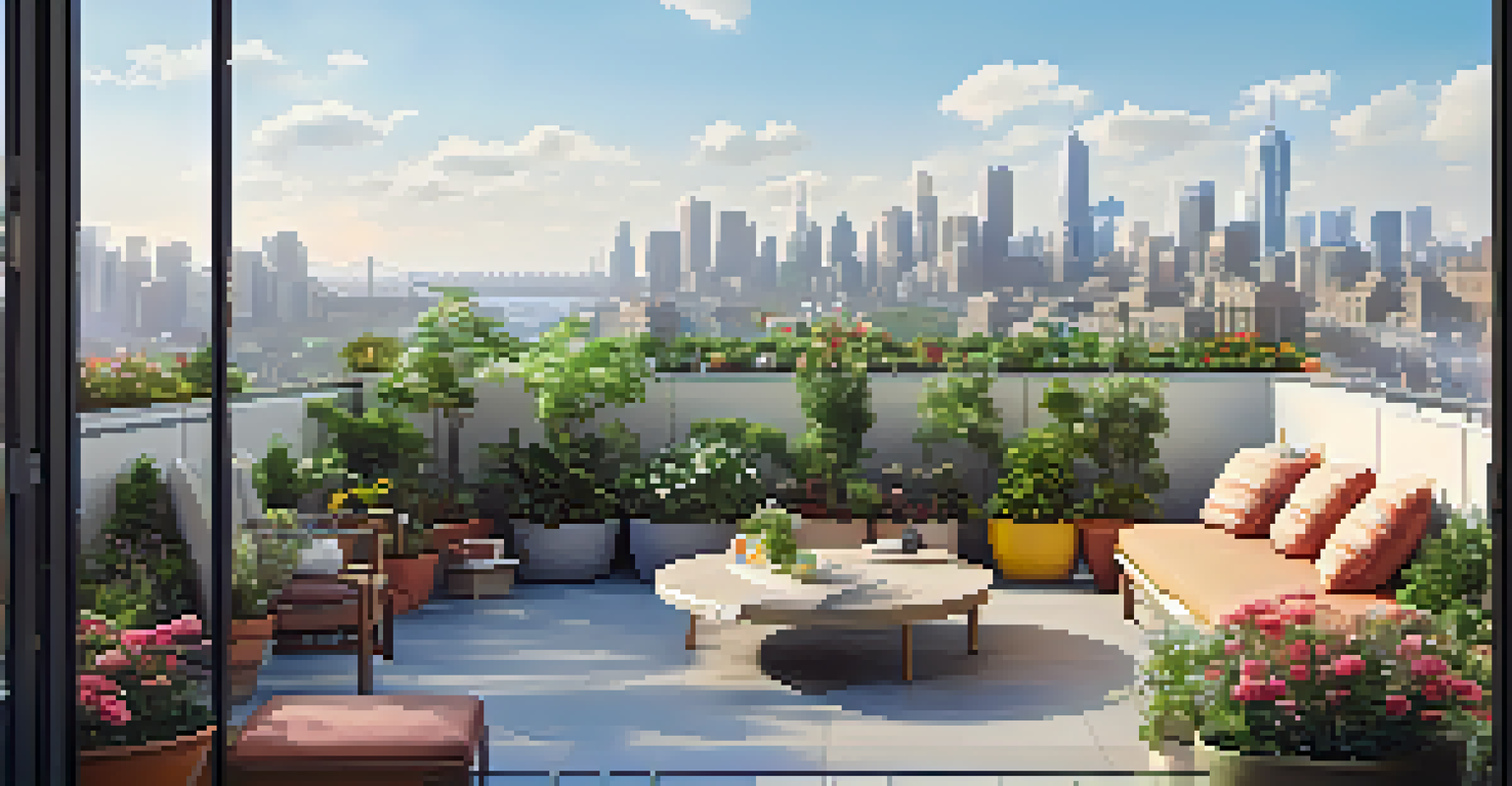A rooftop garden filled with plants and flowers, overlooking a city skyline under a bright blue sky.