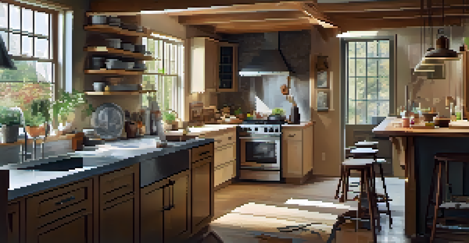 A renovated kitchen with modern fixtures and a contractor discussing plans with a homeowner, filled with warm natural light.