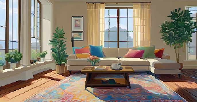 A cozy and inviting living room with a sofa, coffee table, and sunlight streaming through large windows, creating a warm ambiance.