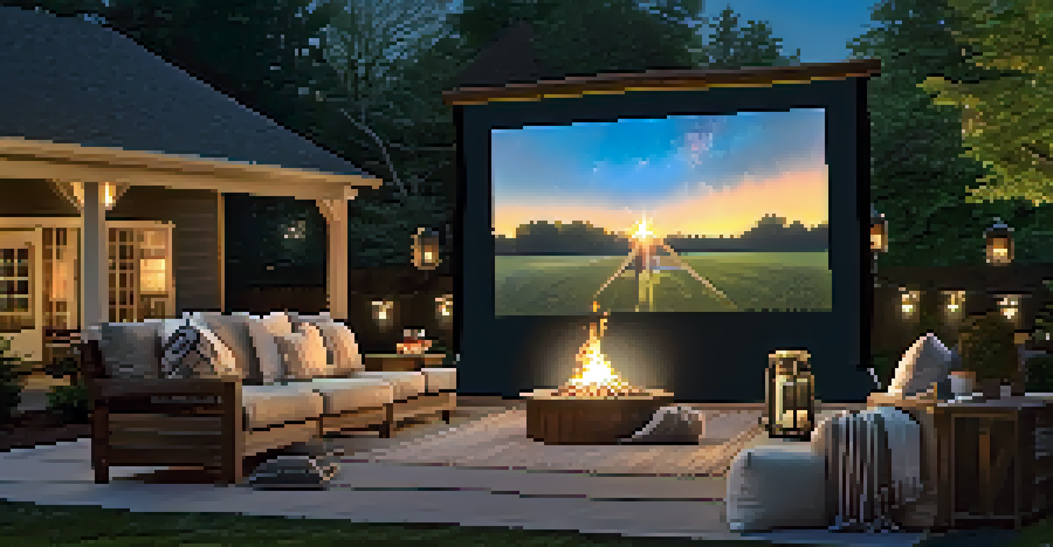 An outdoor entertainment setup with a projector screen and comfortable seating under the stars.