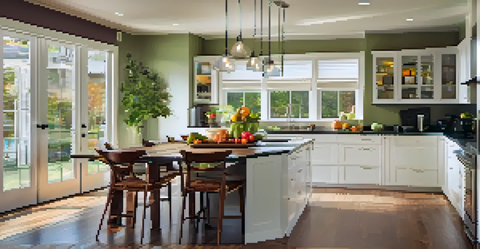 A modern kitchen with natural light, sleek countertops, and fresh produce on the island.