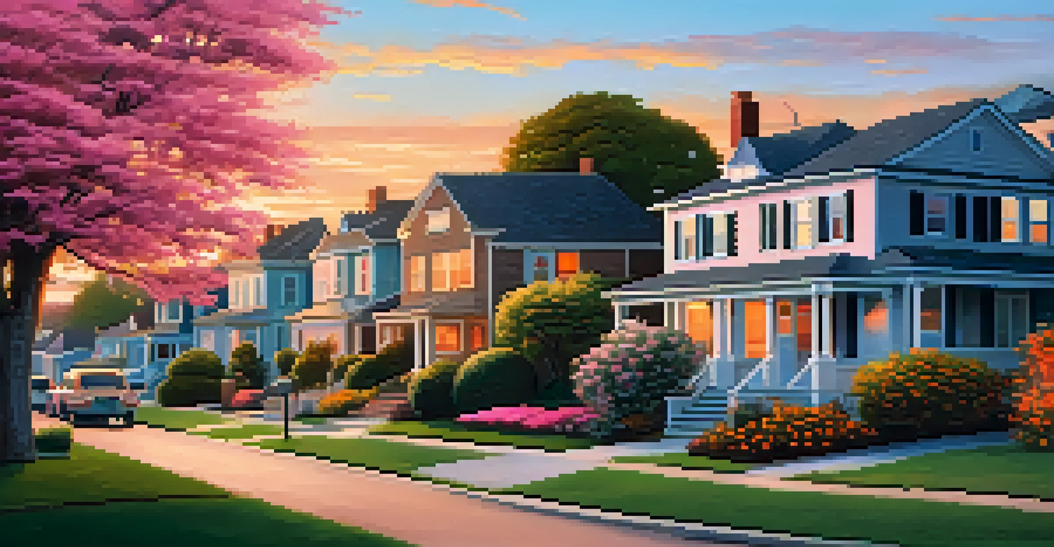 A picturesque suburban neighborhood at sunset, showcasing houses and blooming flowers.