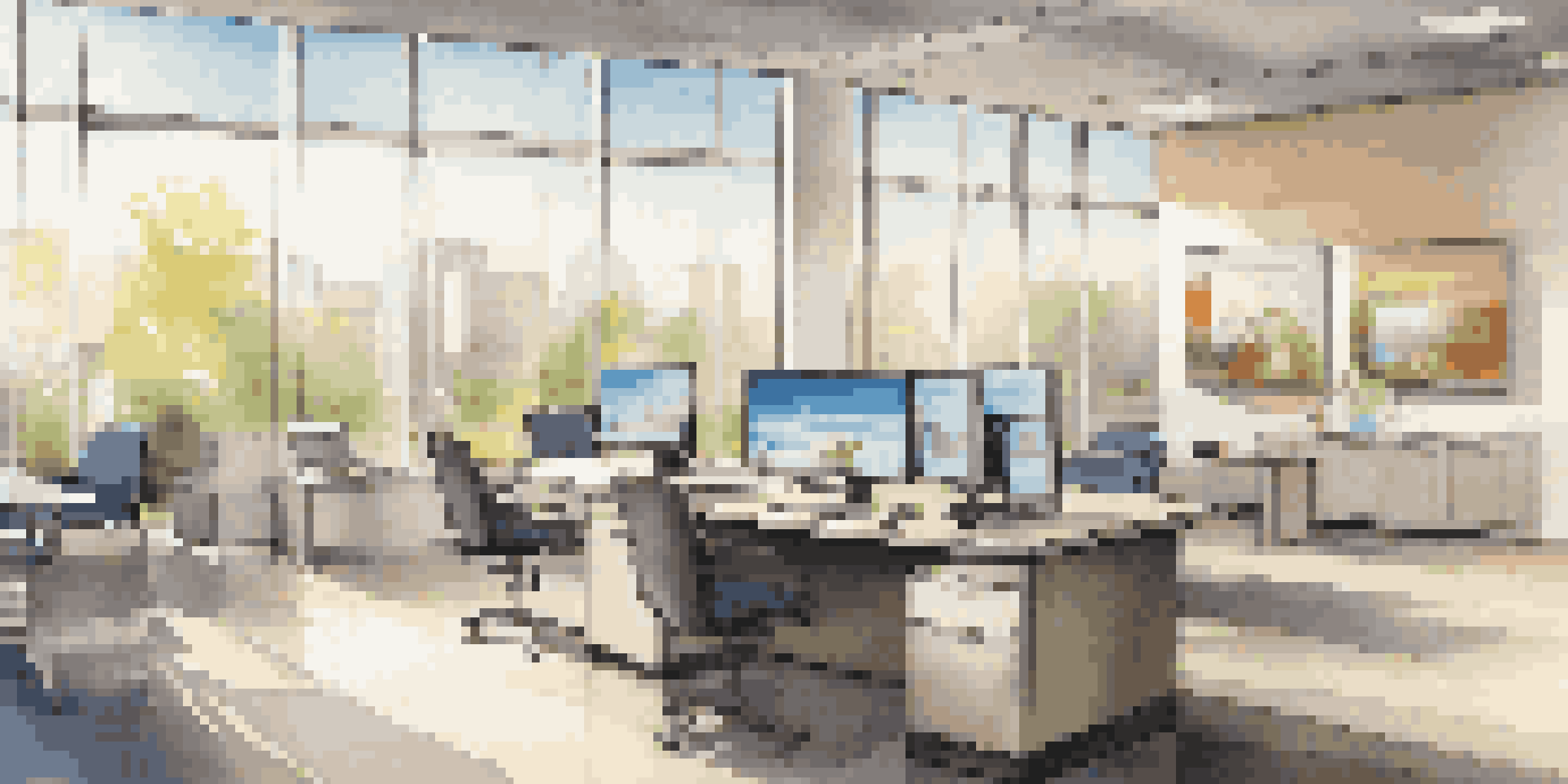 A bright and modern real estate office with advanced technology and sleek furniture, showcasing property listings on large screens.