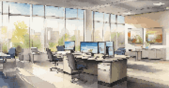 A bright and modern real estate office with advanced technology and sleek furniture, showcasing property listings on large screens.