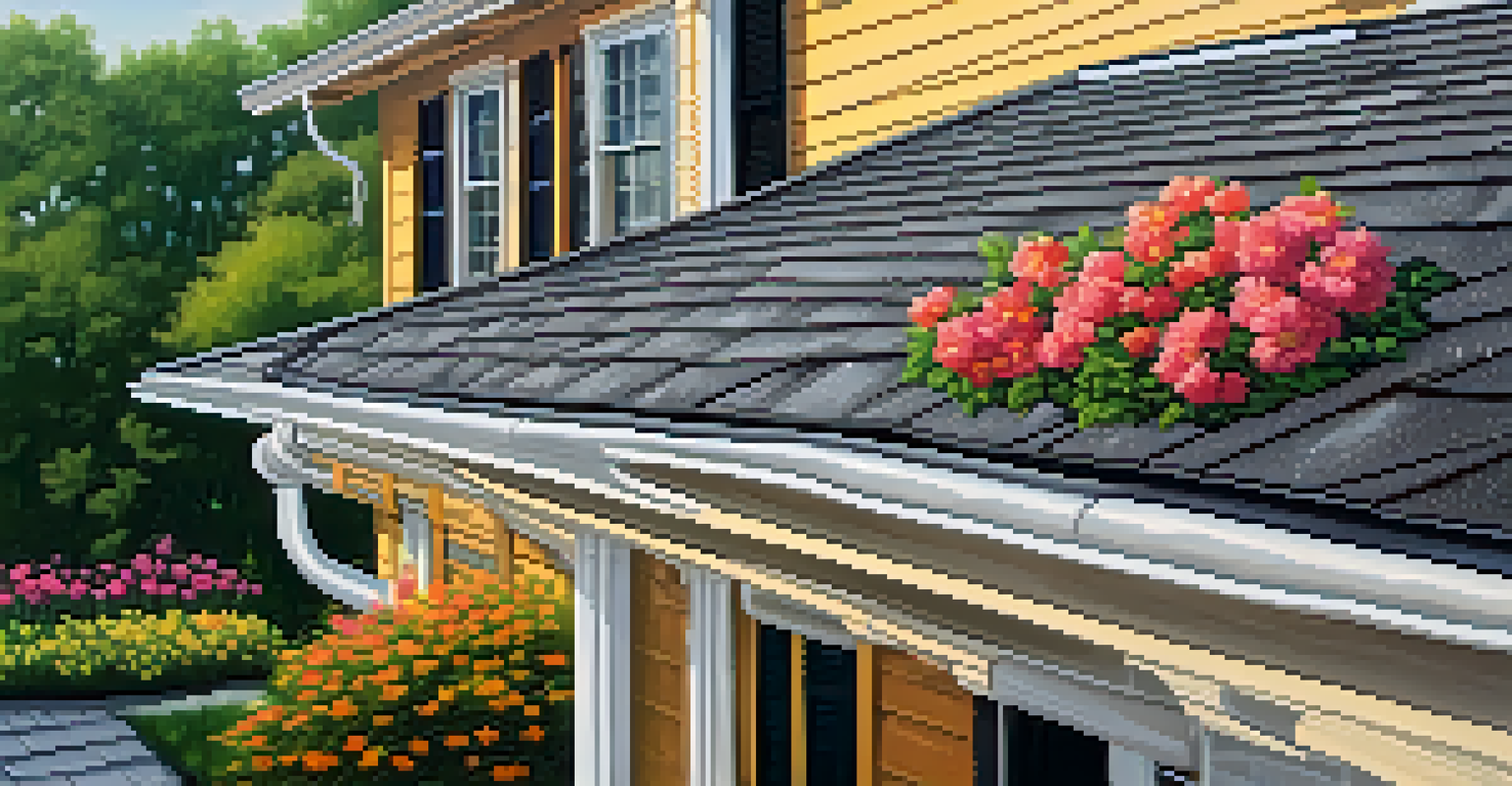 Aerial view of clean gutters on a painted house, with water flowing through.