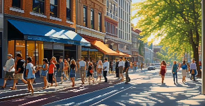 A busy urban street with diverse pedestrians, modern architecture, and sunlight filtering through trees.