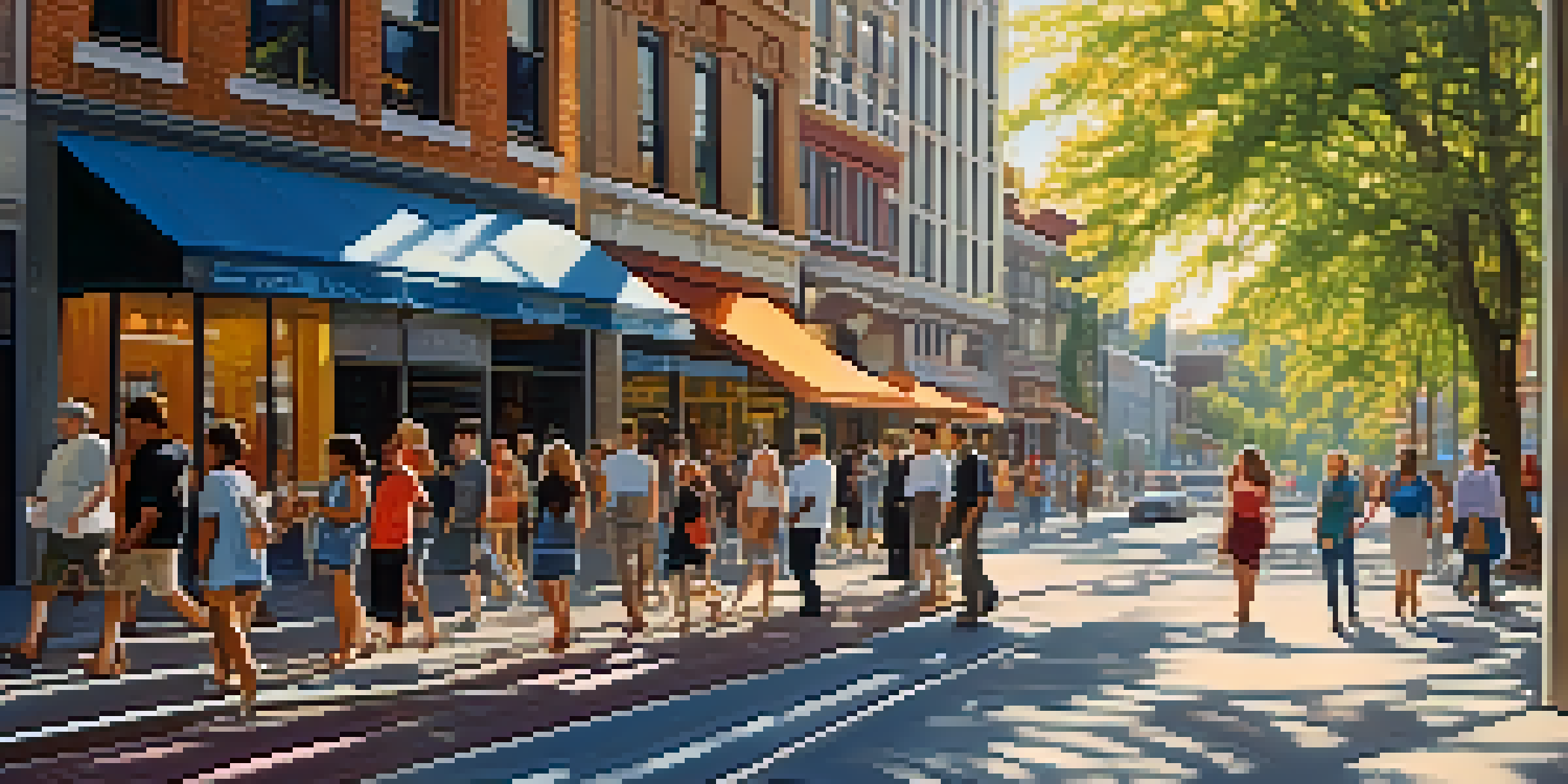 A busy urban street with diverse pedestrians, modern architecture, and sunlight filtering through trees.