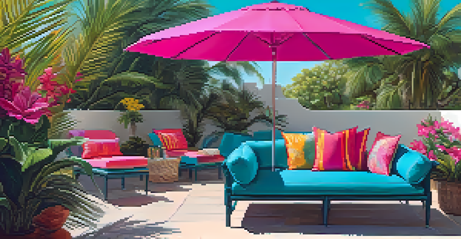 A vibrant tropical outdoor space with a bright pink umbrella over a turquoise patio set, surrounded by palm trees and colorful flowers under a clear blue sky.