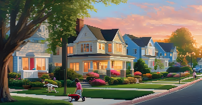 A peaceful suburban neighborhood with diverse houses, a warm sunset sky, children playing, and a real estate sign in front of a home.