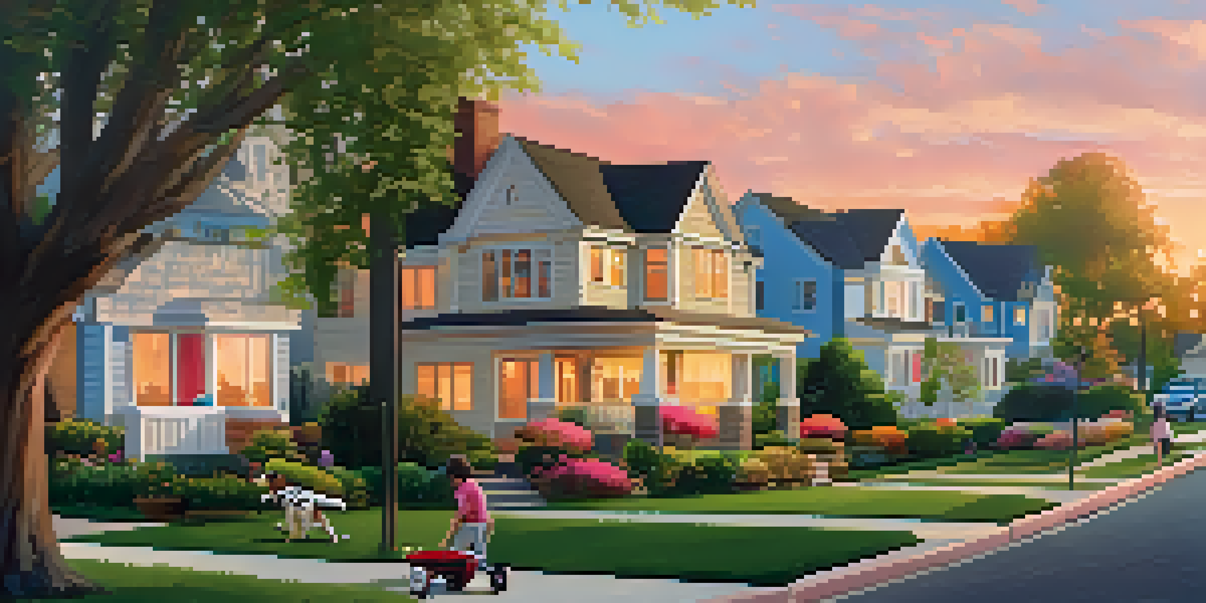 A peaceful suburban neighborhood with diverse houses, a warm sunset sky, children playing, and a real estate sign in front of a home.