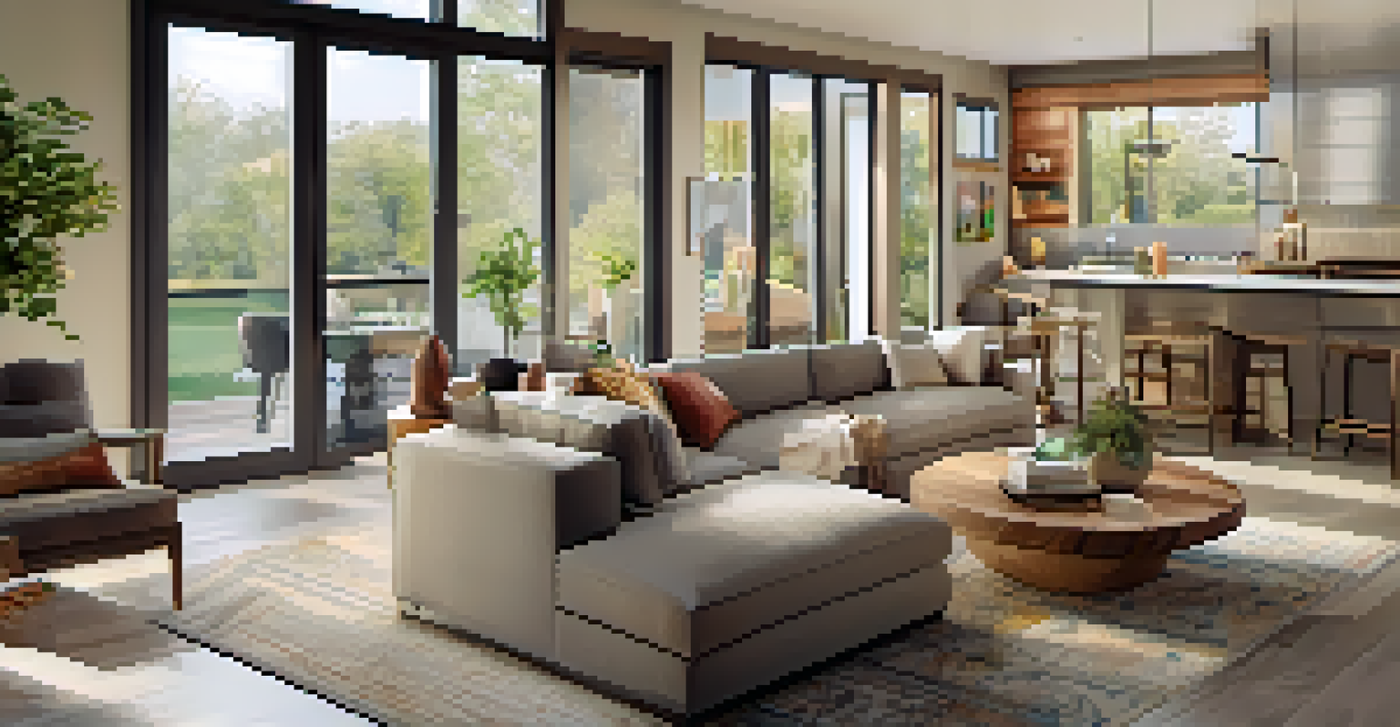 Interior of a modular home with an open floor plan, contemporary furniture, and large windows, featuring a warm color palette.
