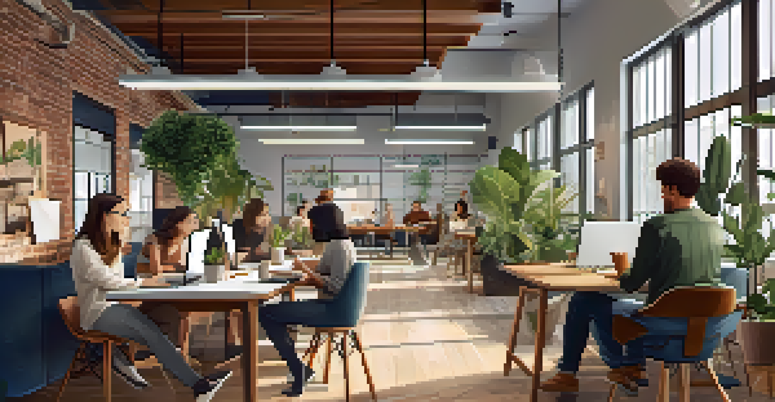 A bright co-working environment where people of various backgrounds work on laptops and collaborate, surrounded by plants and modern furnishings.