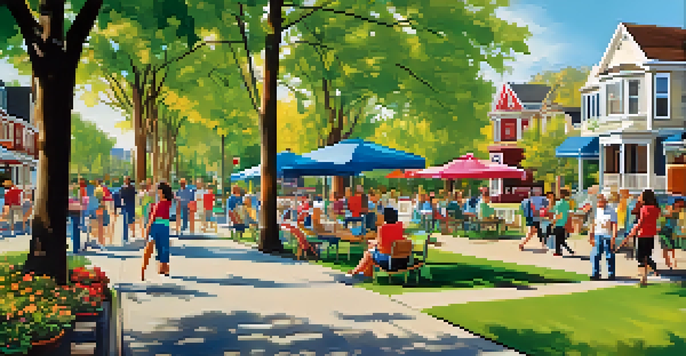 A colorful flyer about an open house pinned on a community board with a sunny park in the background.