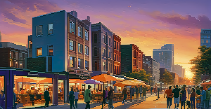 A vibrant urban skyline at sunset with modern buildings and people engaging in activities.