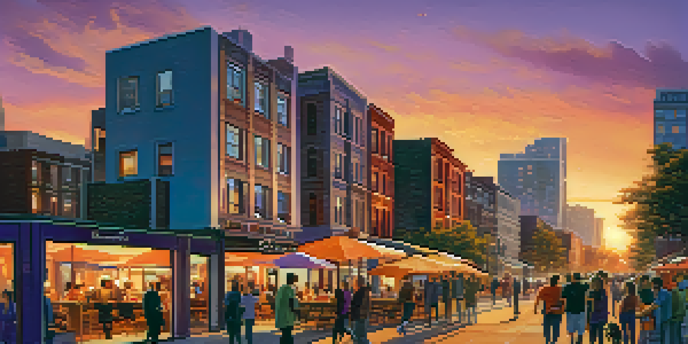 A vibrant urban skyline at sunset with modern buildings and people engaging in activities.