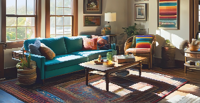 A cozy living room with cultural decor, colorful rug, family photos, and sunlit windows.
