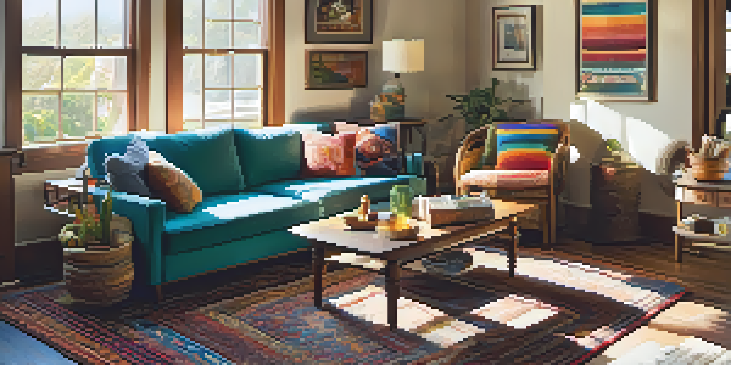 A cozy living room with cultural decor, colorful rug, family photos, and sunlit windows.