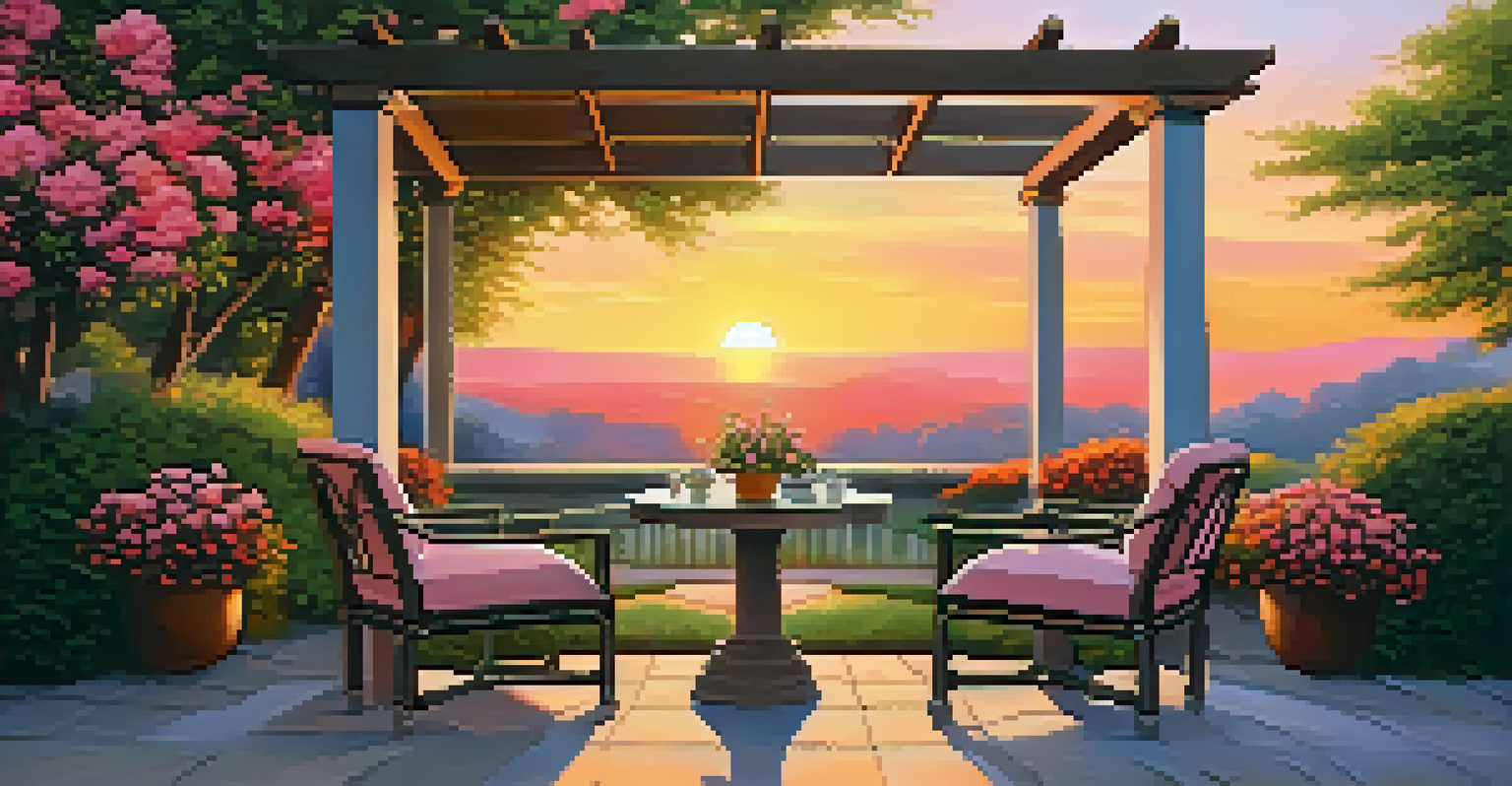 A tranquil garden scene at sunset with seating surrounded by flowers and greenery.