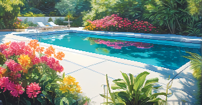 A bright and sunny swimming pool with clear water, surrounded by green plants and colorful flowers, with a beach ball nearby.