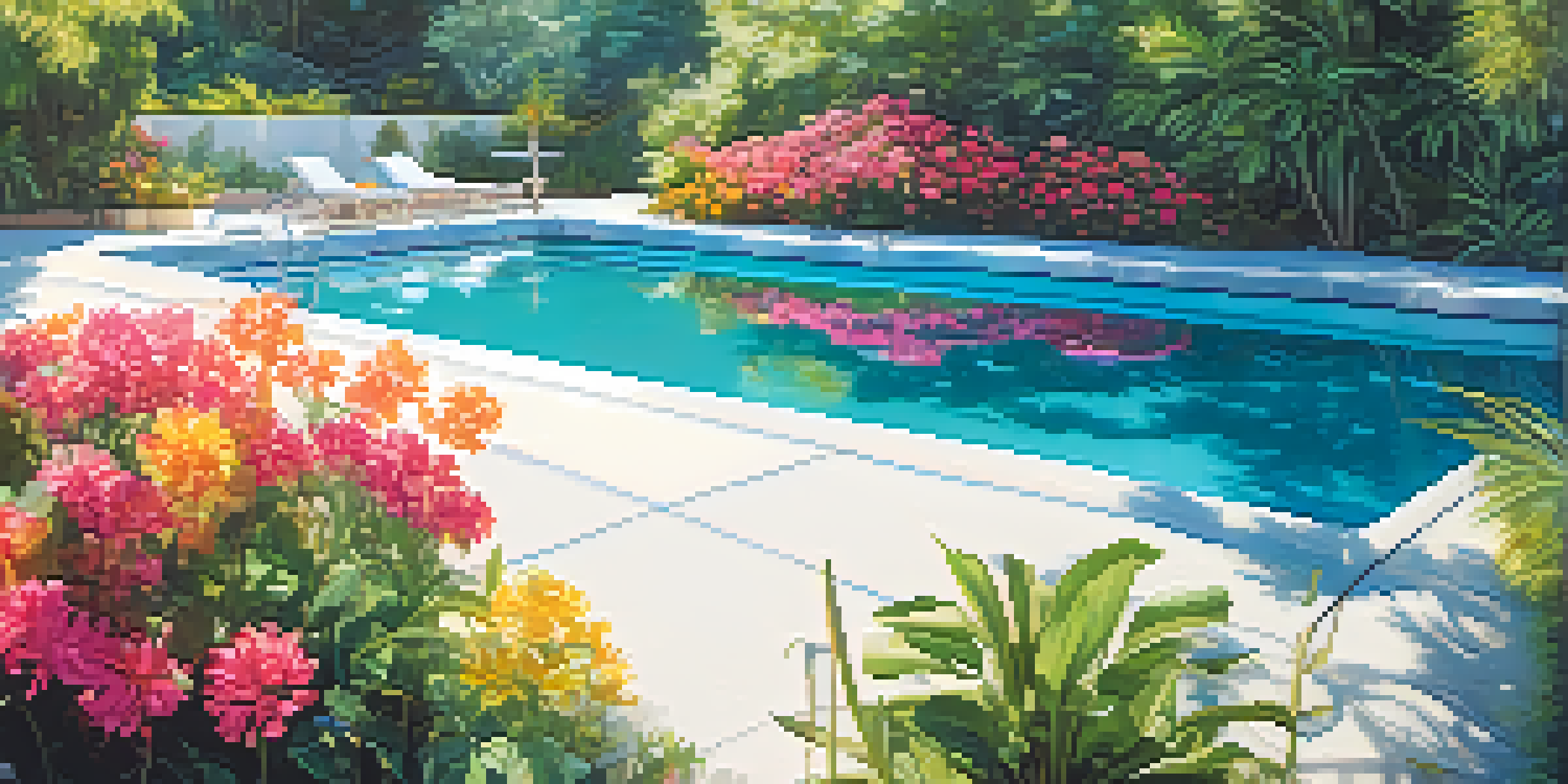 A bright and sunny swimming pool with clear water, surrounded by green plants and colorful flowers, with a beach ball nearby.