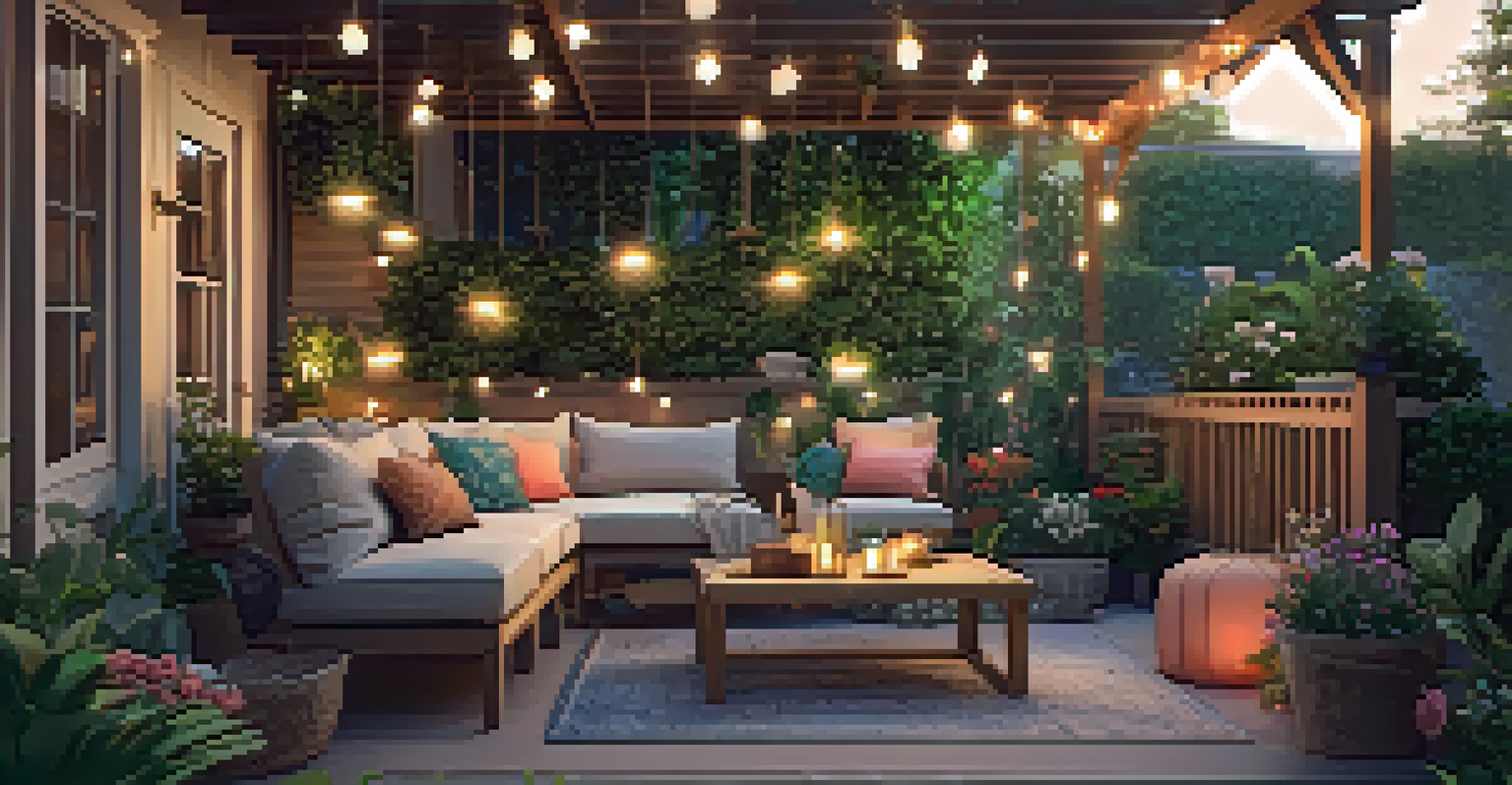 A cozy patio with comfortable seating, string lights, and a sunset glow, surrounded by vibrant plants.