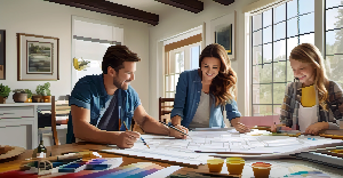 A family discussing home renovation plans at a dining table, with blueprints and tools around them, in a well-lit room.